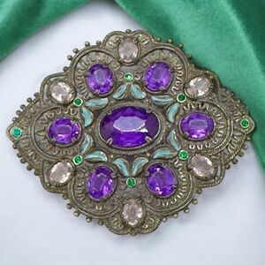 Vintage Light & Dark Purple Glass & Blue Enamel Filigree Pot Metal Sash Pin